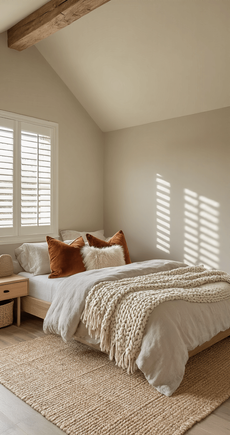 A cozy small bedroom with vaulted greige walls, featuring a platform bed adorned with a linen duvet, chunky knit throw, and a mix of velvet and faux fur pillows. Soft afternoon light filters through plantation shutters, casting geometric shadows on a natural-toned wool area rug. The scene captures a tactile, nest-like ambiance with a wood nightstand showcasing live-edge detail and a jute basket for storage, all shot from a low angle beside the bed.