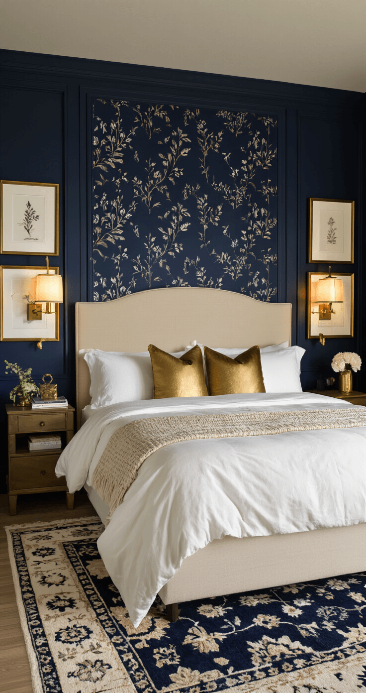 Elegant small bedroom with dramatic navy botanical wallpaper, cream upholstered queen bed with layered neutral bedding, brass bedside lamps casting warm light, gold-accented gallery wall, and navy and cream Persian-style rug, shot straight-on to emphasize sophisticated boutique hotel ambiance.