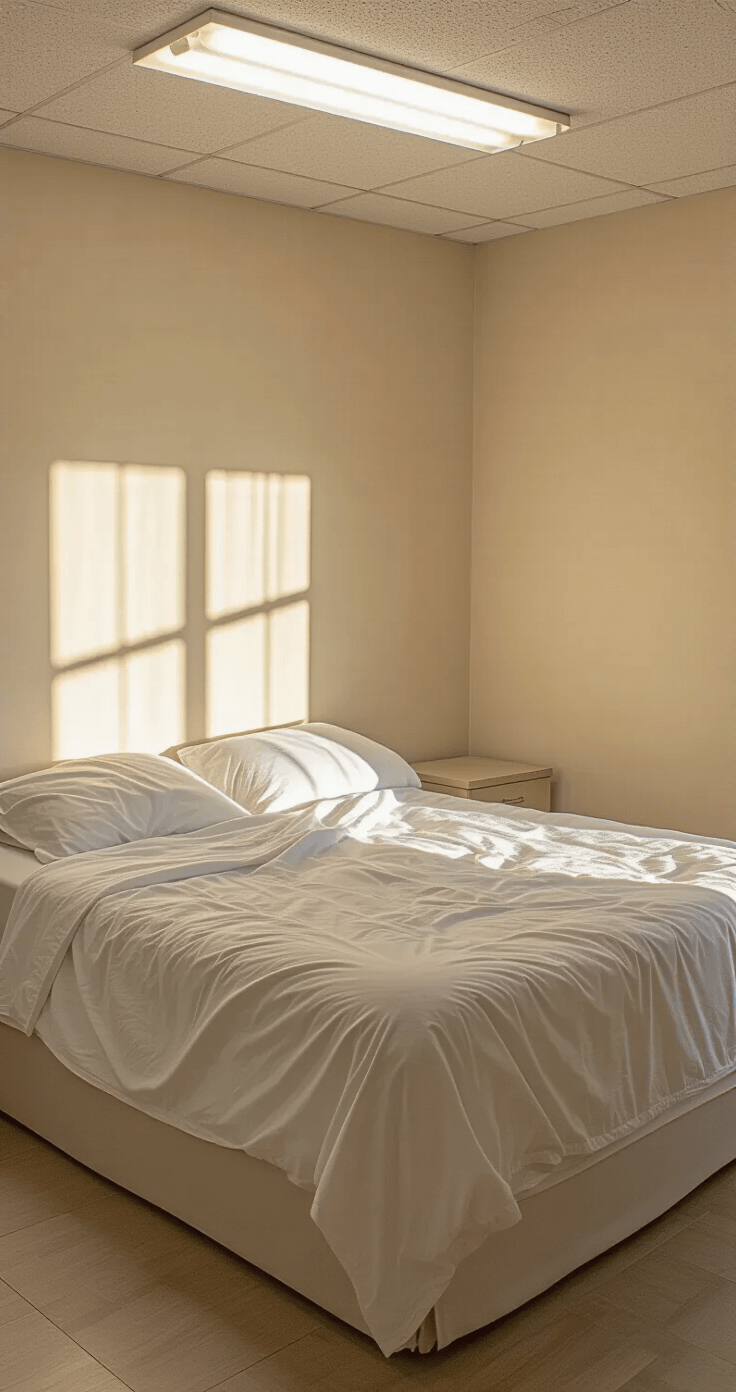Wide-angle view of a sparse master bedroom at golden hour, harsh fluorescent lighting casting shadows on rumpled white sheets, with builder-grade beige walls and minimal furniture, creating a sterile, unwelcoming atmosphere.