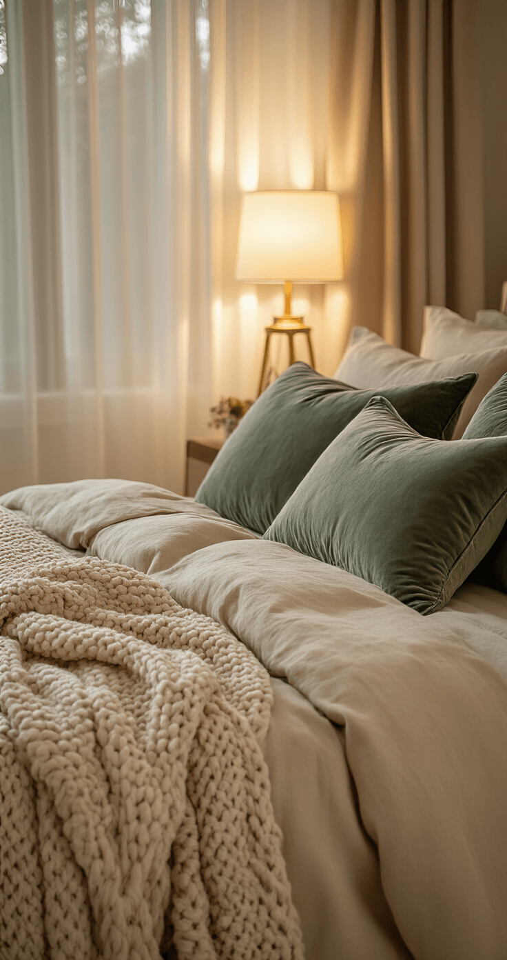 Intimate bedroom scene bathed in soft evening light, featuring luxurious layered bedding with cream linen sheets, a sage green velvet duvet, textured throw pillows, and a chunky knit blanket. A faux fur accent pillow and woven cotton throws add rich textures, while a warm bedside lamp casts a golden ambiance, enhancing the cozy and indulgent atmosphere.