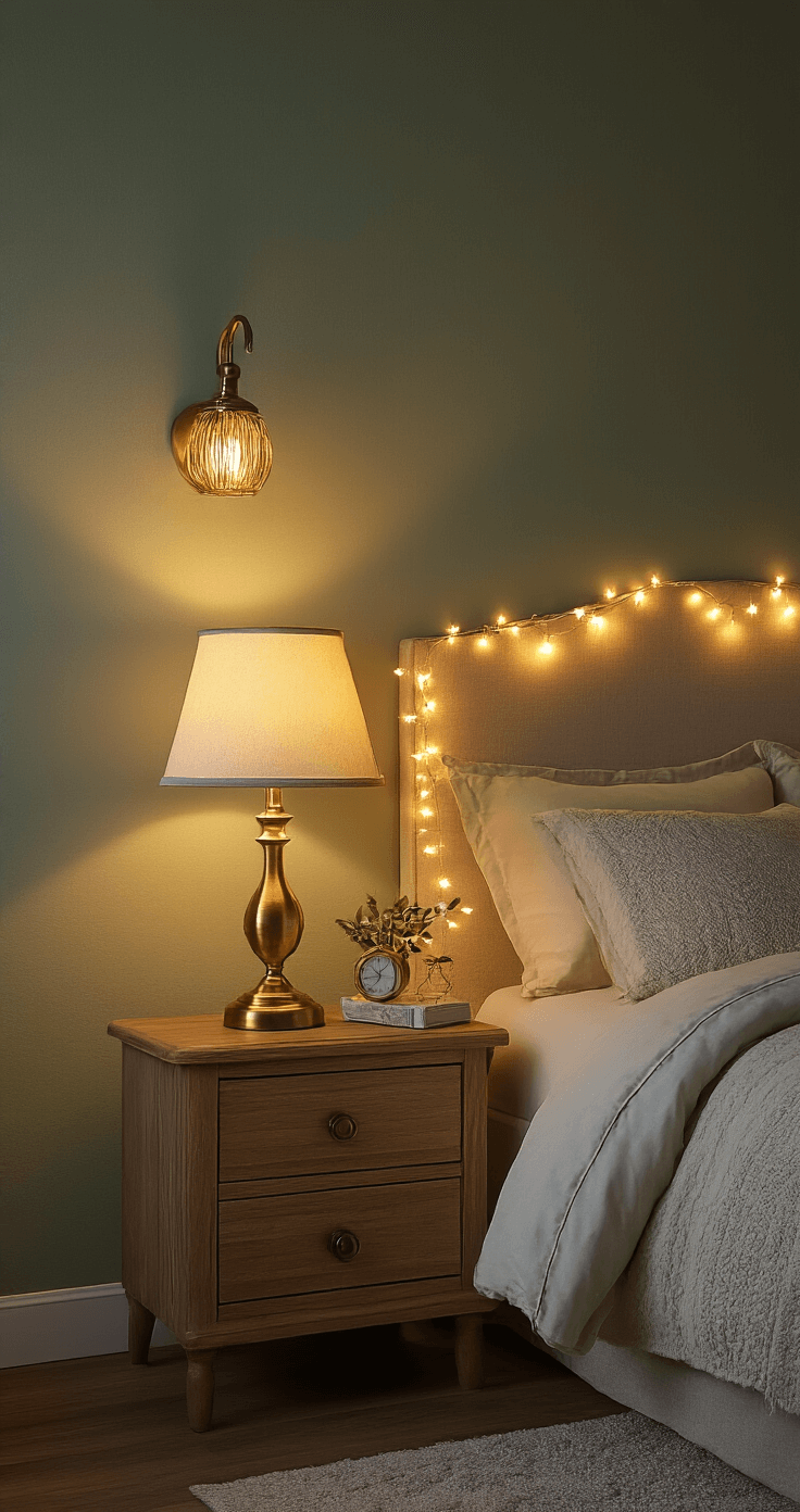 Cozy bedroom corner at dusk with warm brass table lamps, delicate string lights, and elegant wall sconces, creating a romantic ambiance in a medium-sized room with a sage green accent wall.