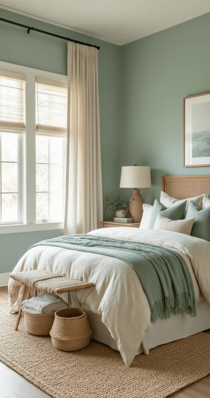 A serene bedroom interior featuring a calming blue-green color palette with seafoam walls, cream bedding, and sage green accents. Natural wood furniture in warm oak tones complements the space, adorned with linen curtains, a jute area rug, and woven baskets. The room is illuminated by afternoon natural light, with large windows partially covered by blackout curtains, creating a tranquil and grounding spa-like atmosphere.