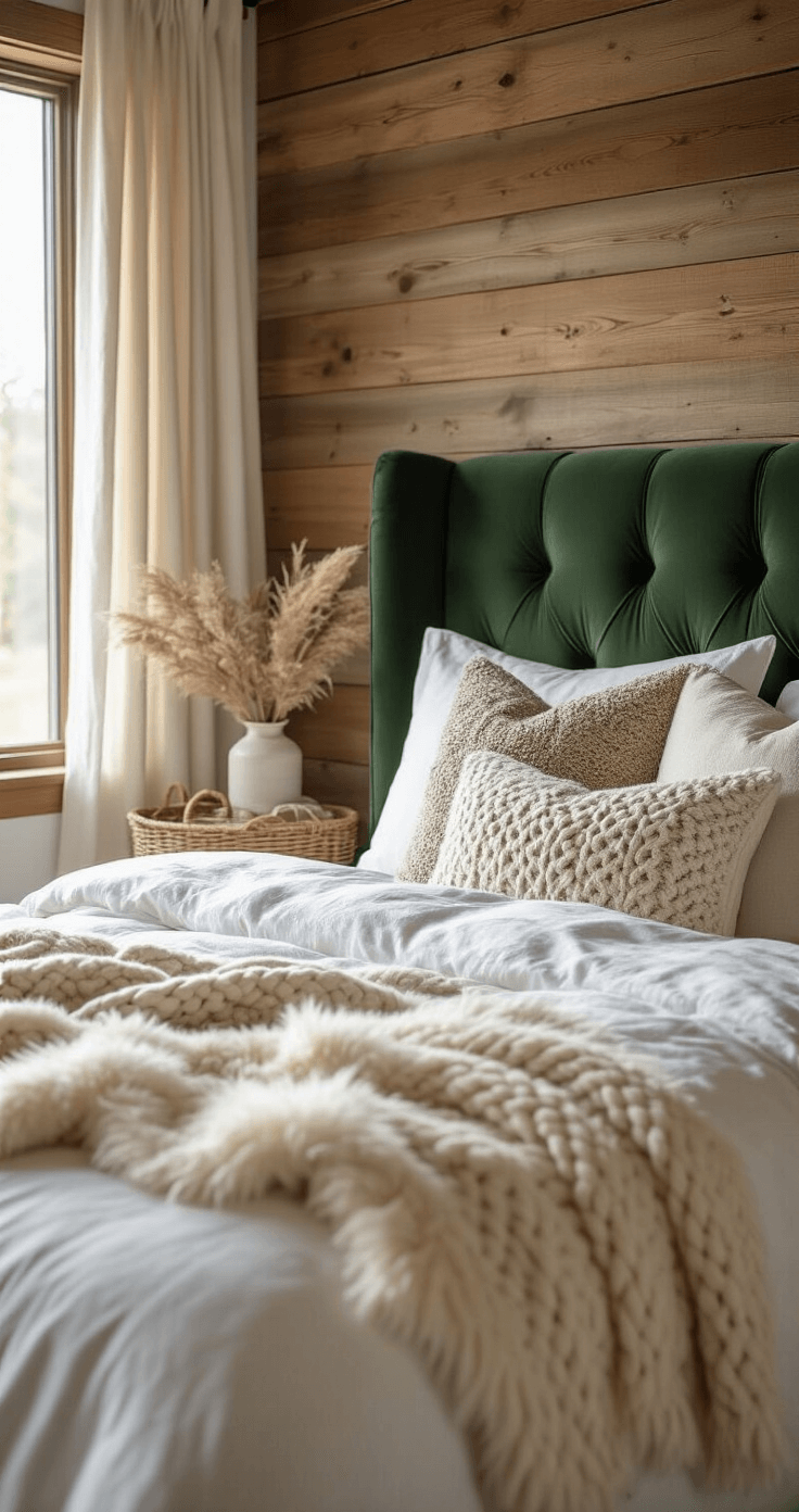 Close-up of a luxurious bedroom showcasing a deep forest green velvet headboard, crisp white linen sheets, and a faux fur throw blanket, complemented by chunky cable-knit pillows and smooth wooden surfaces, all illuminated by warm morning light with woven storage baskets adding organic texture.