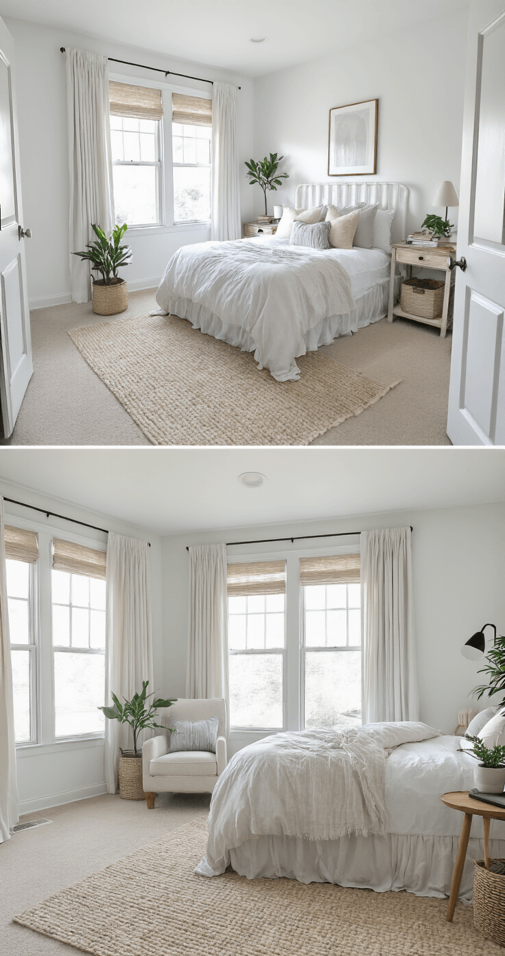 A bright, organized bedroom transformation showcasing before-and-after potential with clean white walls, strategically placed furniture, quality layered bedding, professionally hung blackout curtains, and small potted plants, all in natural daylight to emphasize a fresh, renewed space on a modest budget.
