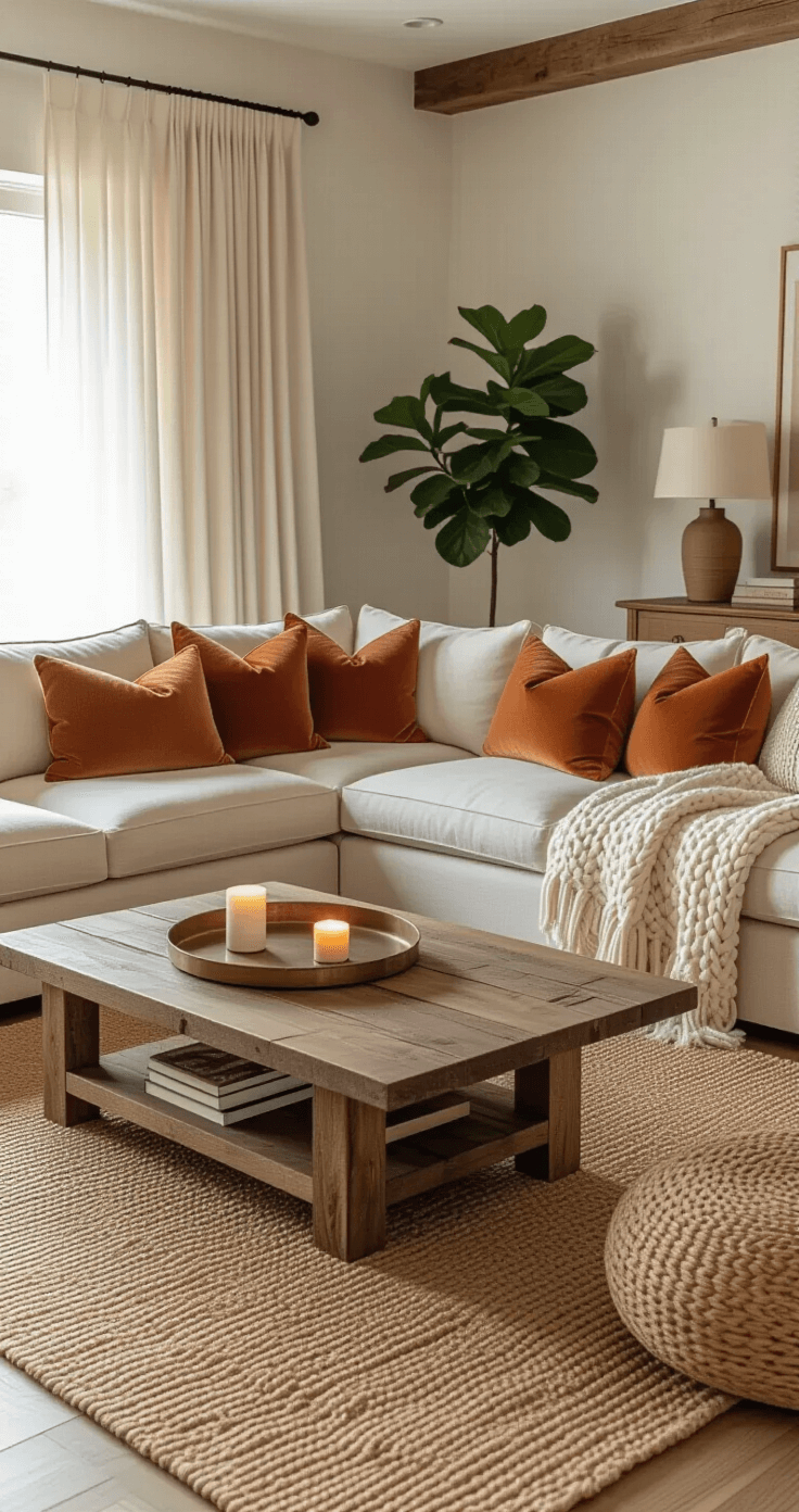 A cozy living room bathed in golden hour light, featuring a warm beige oversized sectional sofa with cream throws and terracotta pillows, a jute area rug, a walnut coffee table with a vintage brass tray and candles, and a fiddle leaf fig in a woven basket, all against warm white walls and exposed wood beams.