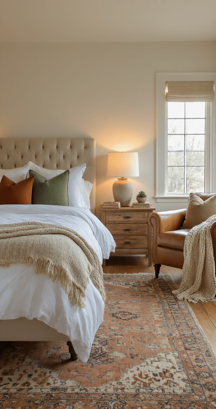 Interior of a serene master bedroom during blue hour, featuring a king bed with white linens and earthy accents, warm bedside lamps, reclaimed wood nightstands, and a cozy reading nook with a leather armchair, all enveloped in soft golden light and adorned with layered textiles.