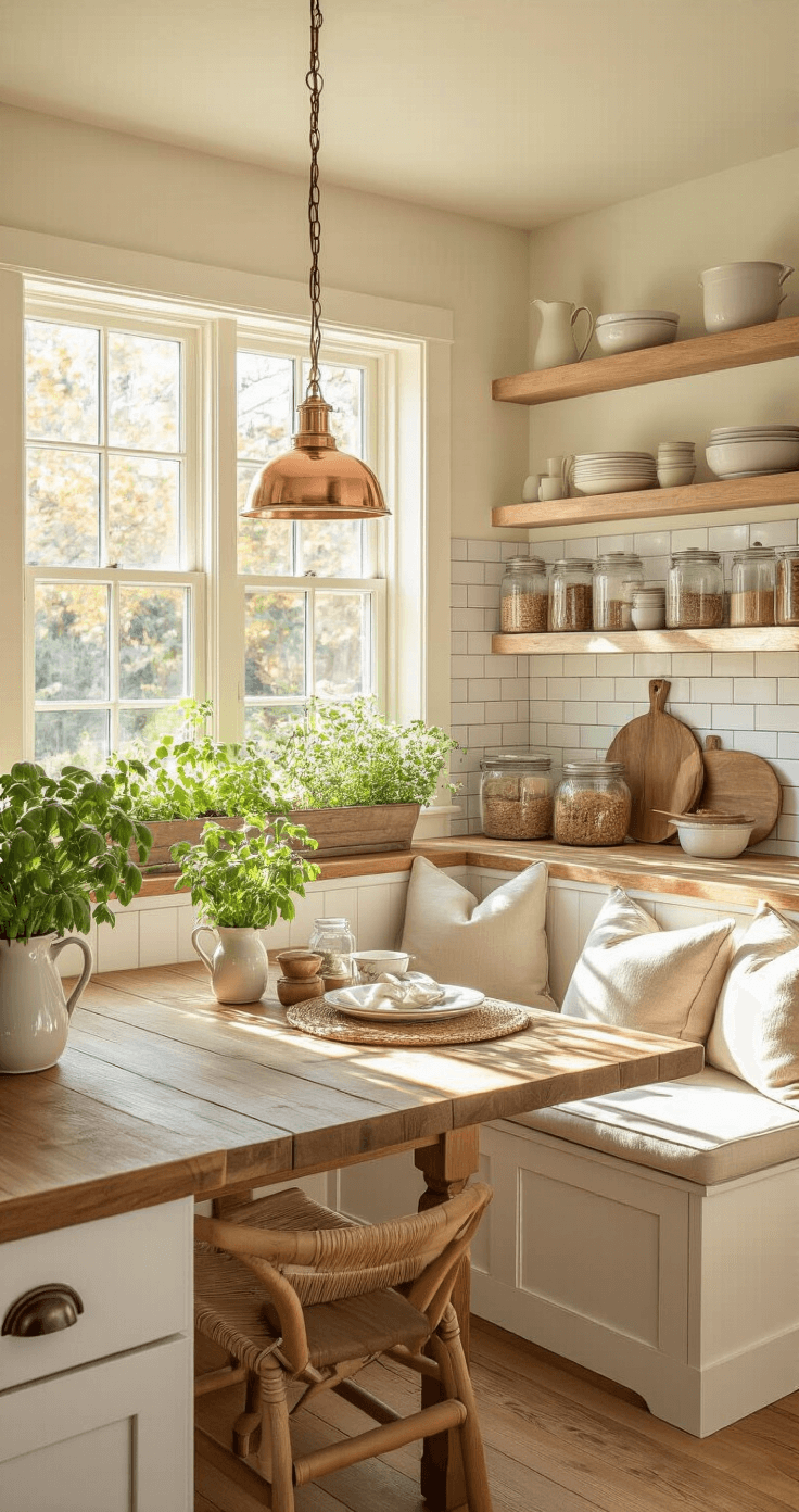 A cozy kitchen bathed in morning light, featuring white shaker cabinets, butcher block countertops, and a herb garden. Open shelves showcase ceramic dishes and glass jars, while a breakfast nook with a bench and reclaimed wood table invites relaxation. Copper pendant lights and fresh eucalyptus enhance the warm, inviting atmosphere.