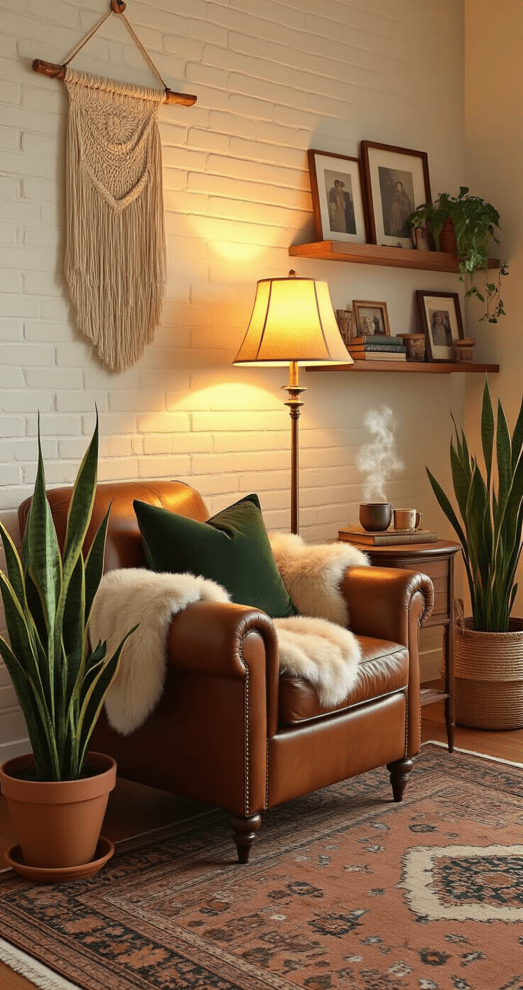 A cozy living room corner at sunset with warm golden light, featuring a vintage leather armchair with a sheepskin throw, a wooden side table with a brass lamp and steaming coffee mug, a large snake plant, and a macrame wall hanging, set against an exposed brick wall and layered rugs, creating a welcoming reading nook.