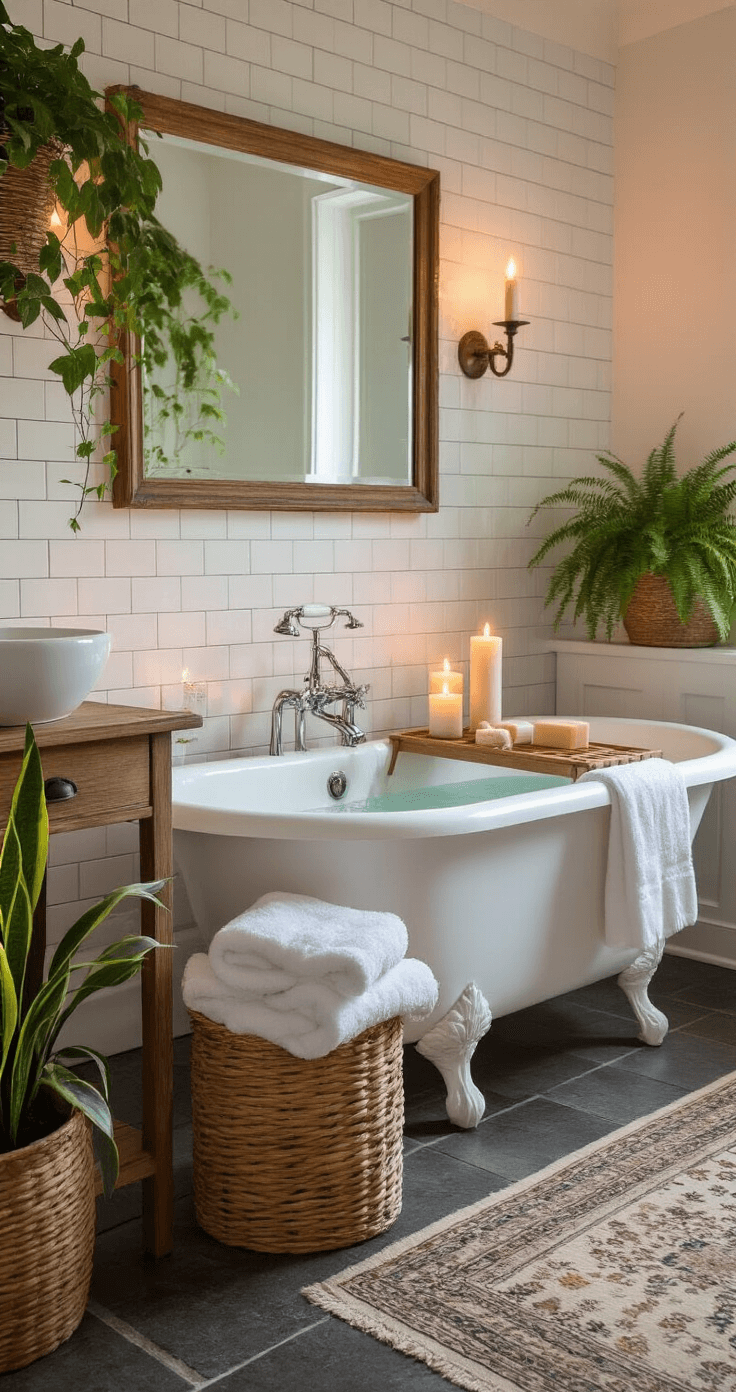 A serene bathroom spa retreat at twilight, featuring a freestanding white clawfoot tub with a wooden bath caddy, warm candlelight, fluffy white towels, and humidity-loving plants, all creating a tranquil ambiance with natural textures.