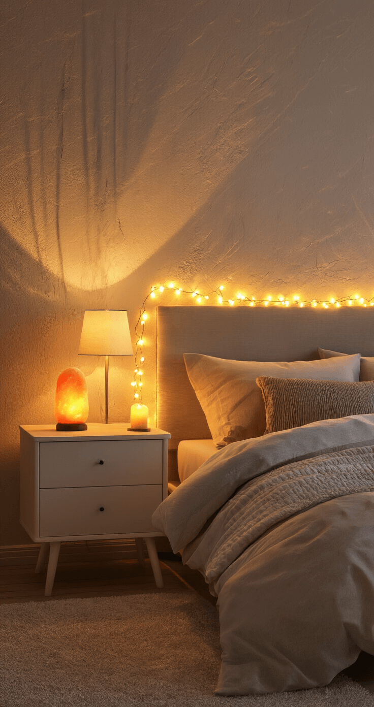How to Create a Cozy Aesthetic Bedroom That Actually Feels Like a Warm Hug Cozy bedroom with layered warm ambient lighting, featuring bedside lamps, string lights, floor lamp, and battery candles, creating intimate golden pools of light and soft shadows on textured walls.