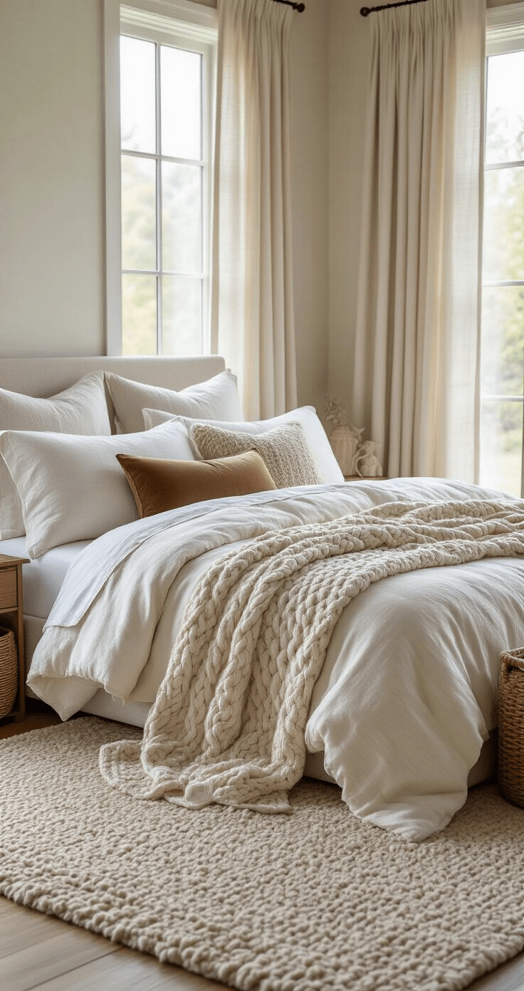 How to Create a Cozy Aesthetic Bedroom That Actually Feels Like a Warm Hug Luxurious bed styled with layered textures in soft morning light, featuring crisp cotton sheets, a lightweight linen quilt, and a chunky cable-knit throw blanket, accented by a mix of velvet, faux fur, and cotton pillows, on a high-pile wool area rug, with linen curtains and woven storage baskets nearby.
