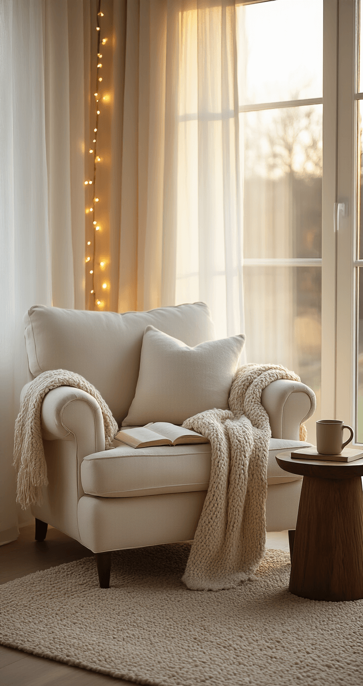Cozy living room corner with an oversized cream armchair, soft golden light filtering through sheer curtains, a chunky knit throw, a walnut side table with a mug and open book, a warm taupe rug, and ambient LED string lights, captured from a slightly elevated angle.