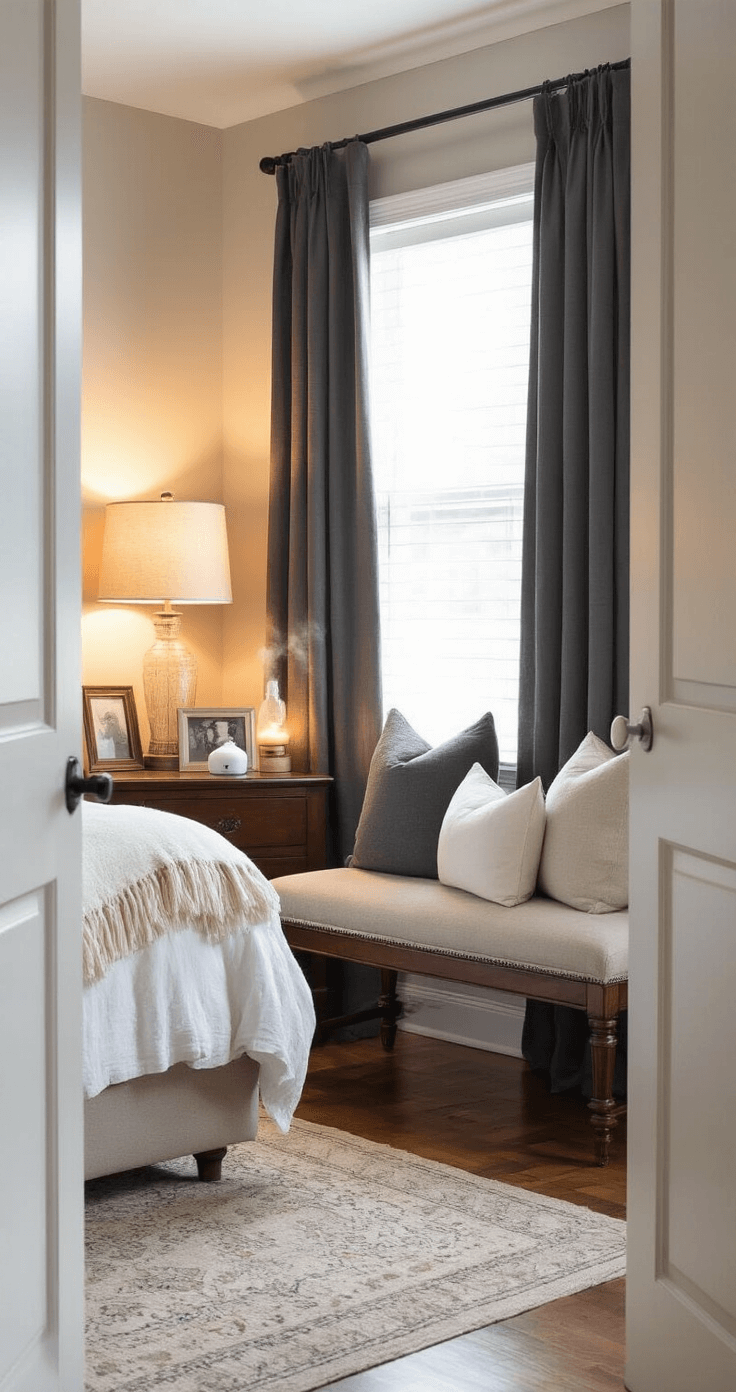 A cozy bedroom retreat featuring warm layered lighting, soft linen-shaded table lamps casting golden light, charcoal gray blackout curtains, a comfortable upholstered bench with throw pillows, an essential oil diffuser, personal photos on a nightstand, and rich mahogany furniture, all captured from an intimate doorway perspective.