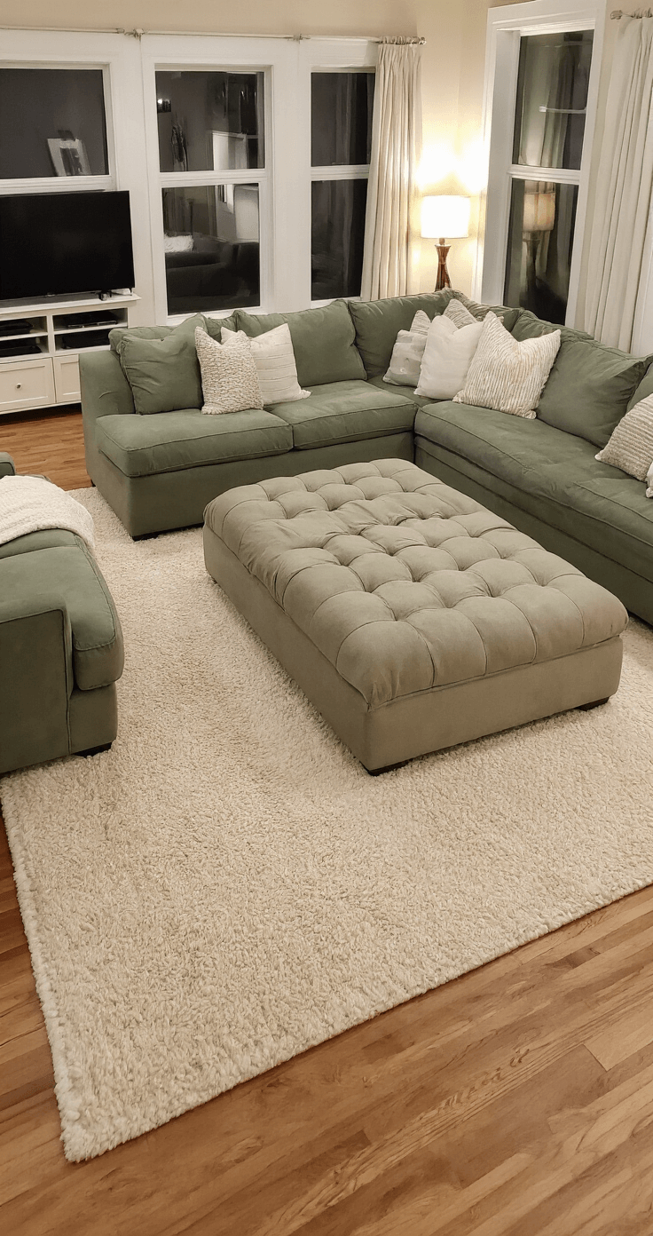 A cozy living room with a sage green sectional sofa adorned with various textured throw pillows, an oversized coffee table ottoman, warm wood floors, a large cream area rug, and a floor lamp, all illuminated by soft evening lighting, featuring an entertainment center with hidden cord management, arranged to encourage conversation and relaxation.
