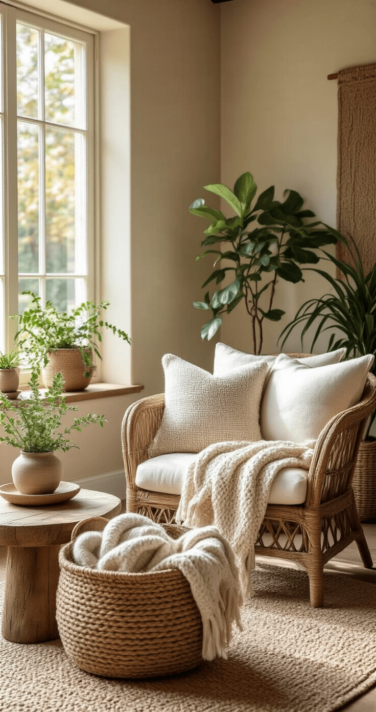 A cozy seating area featuring a wicker accent chair with soft cotton cushions, a reclaimed wood side table, and a basket of chunky knit throws, surrounded by potted plants and bathed in warm afternoon light, with an earth tone color palette of browns and creams, creating a welcoming atmosphere.