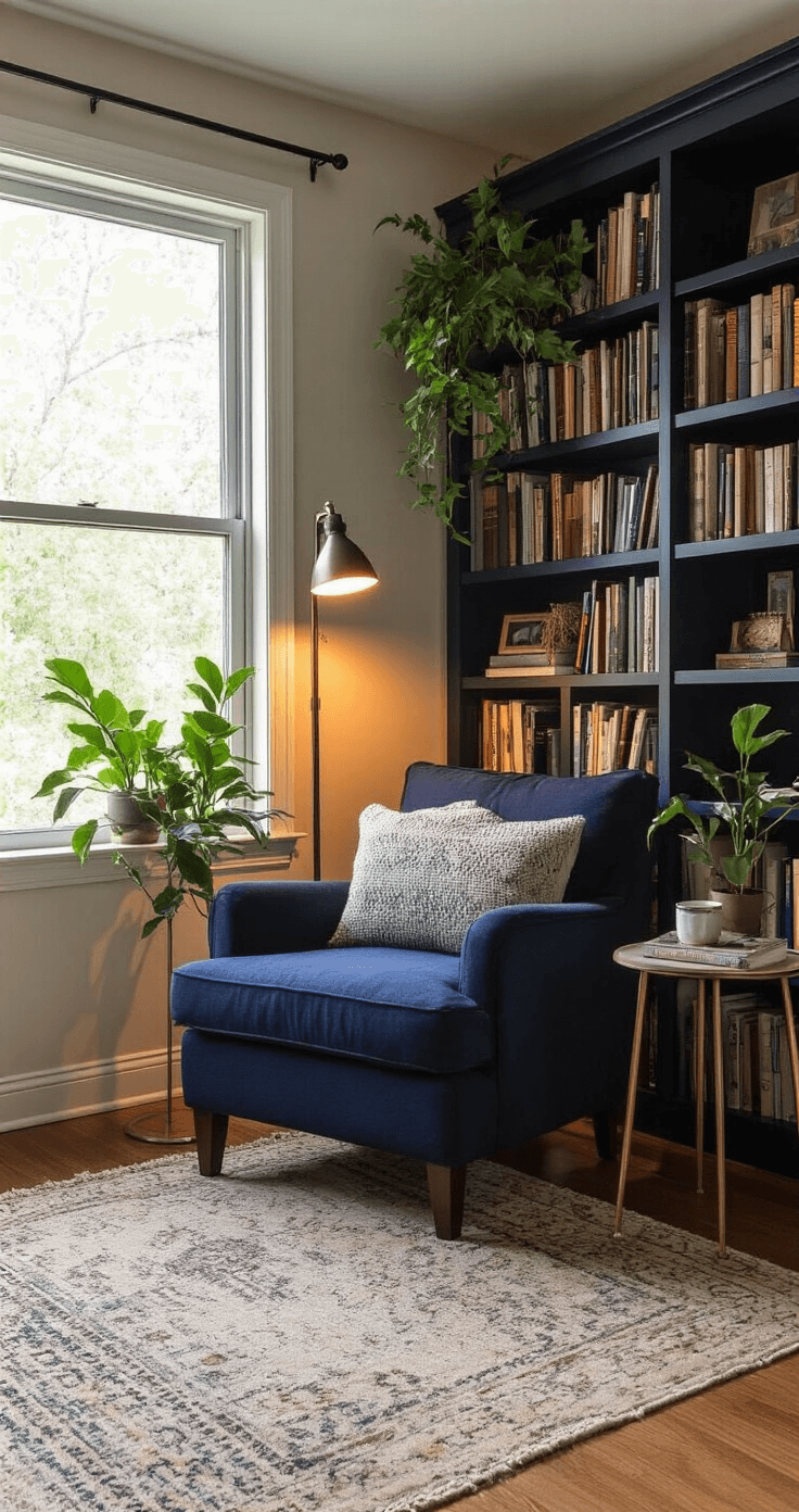 Cozy reading nook defined by a tall bookshelf divider, featuring a navy fabric chair near a window, plants for privacy, warm floor lamp lighting, a side table with personal items, and a rug marking the space, all bathed in soft natural and warm artificial light.
