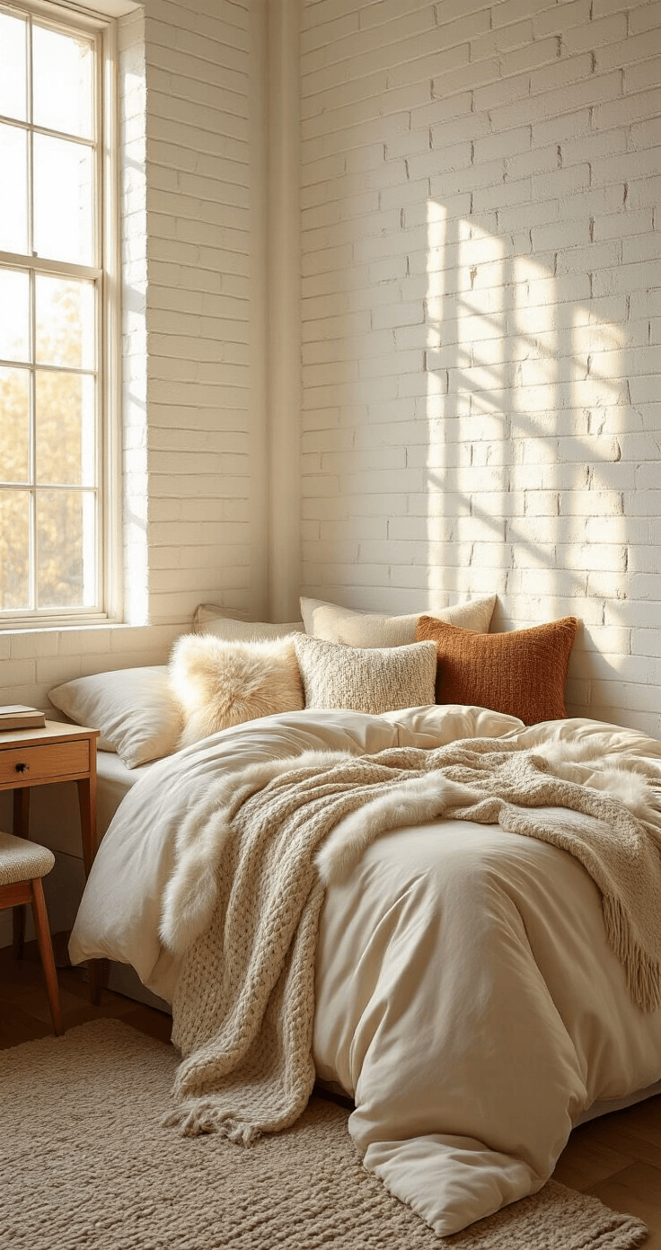 Photorealistic dorm room featuring a twin XL bed with luxurious layered bedding, including a plush cream comforter, faux fur throw, and an array of earth-toned textured pillows, set against a white cinder block wall. Golden hour sunlight pours in through a tall window, illuminating the warm wood desk in the corner and enhancing the inviting atmosphere with soft, warm lighting. The scene is captured from a low angle, highlighting the rich textures of velvet, cotton, and wool.