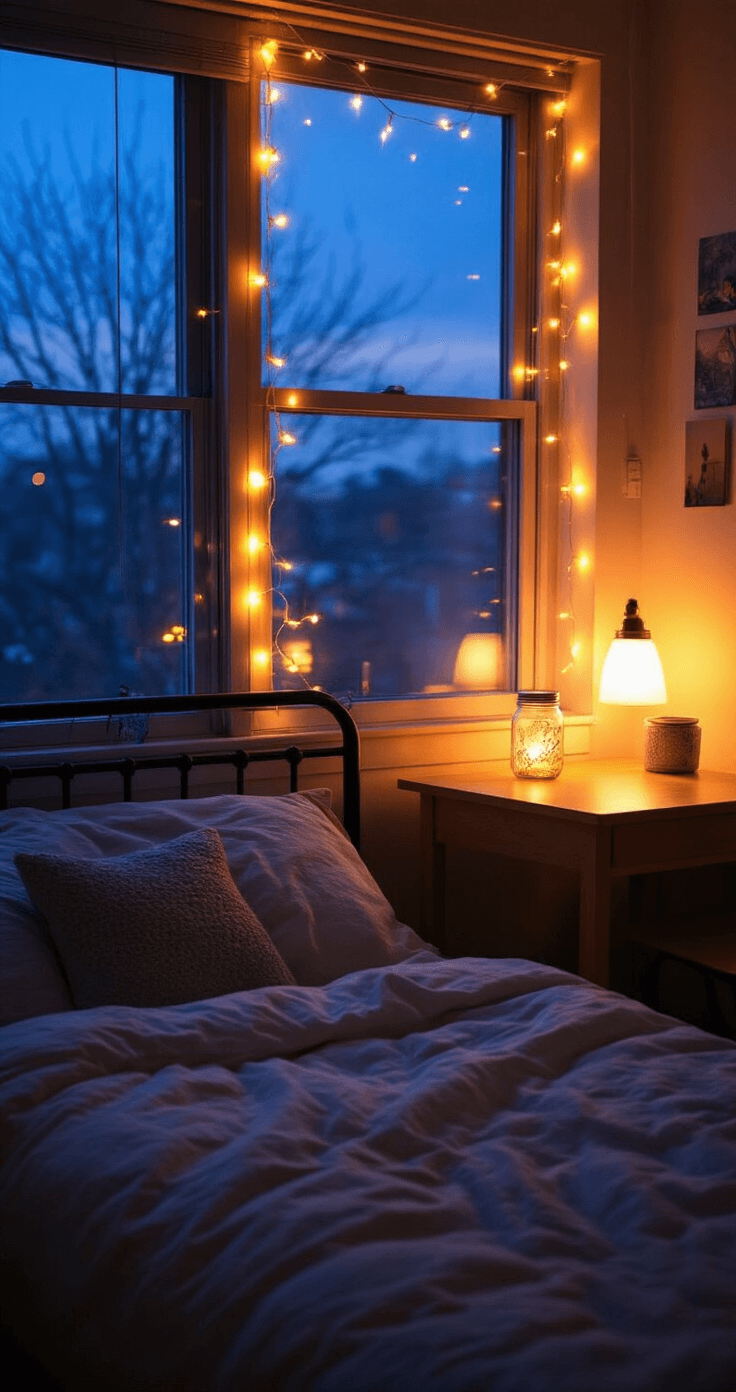 Cozy dorm room with warm ambient lighting from string lights on the bed frame, a ceramic table lamp on the desk, and fairy lights in a mason jar on the windowsill, creating an inviting atmosphere against a deep blue twilight outside the window.