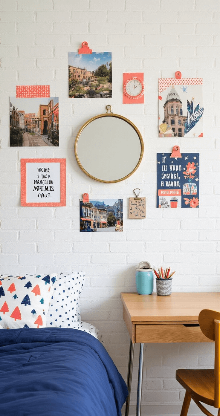 Vibrant dorm room wall with a photo collage, mirror, and motivational prints arranged using damage-free hanging methods, illuminated by natural light, with a navy comforter and wooden desk chair in partial view.