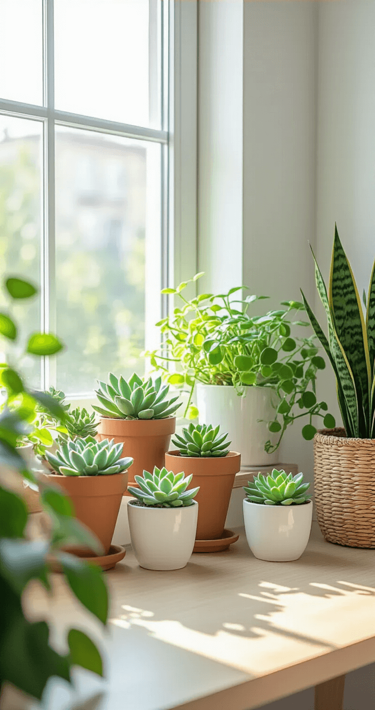 Bright dorm room corner with lush plants on a windowsill and desk, featuring a large window letting in natural morning light, small succulents in terracotta pots, trailing pothos in a white ceramic planter, and a tall snake plant in a woven basket, against clean white walls and a light wood desk, creating a fresh, airy atmosphere.