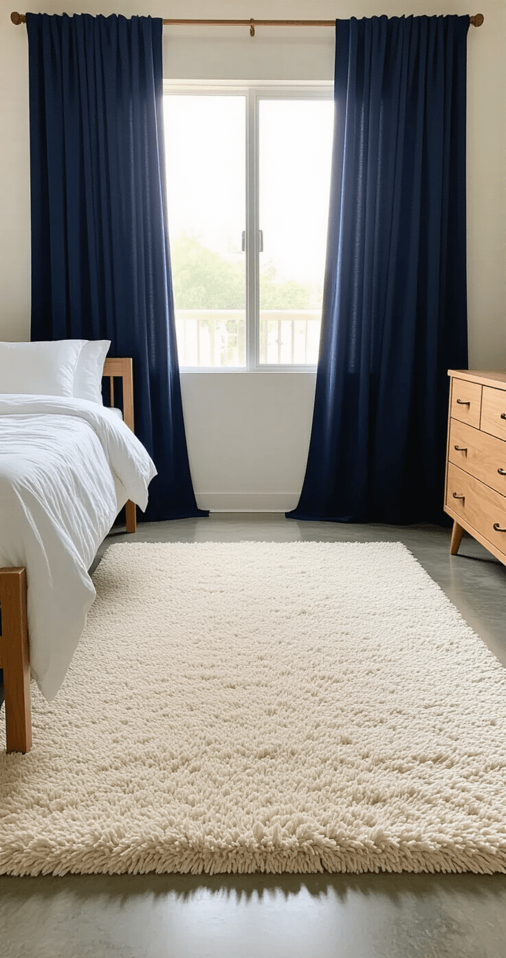 Transformed dorm room floor with plush cream-colored shag rug, wooden furniture legs, and tall windows dressed in flowing navy blackout curtains tied back with natural rope, showcasing a cozy afternoon ambiance.