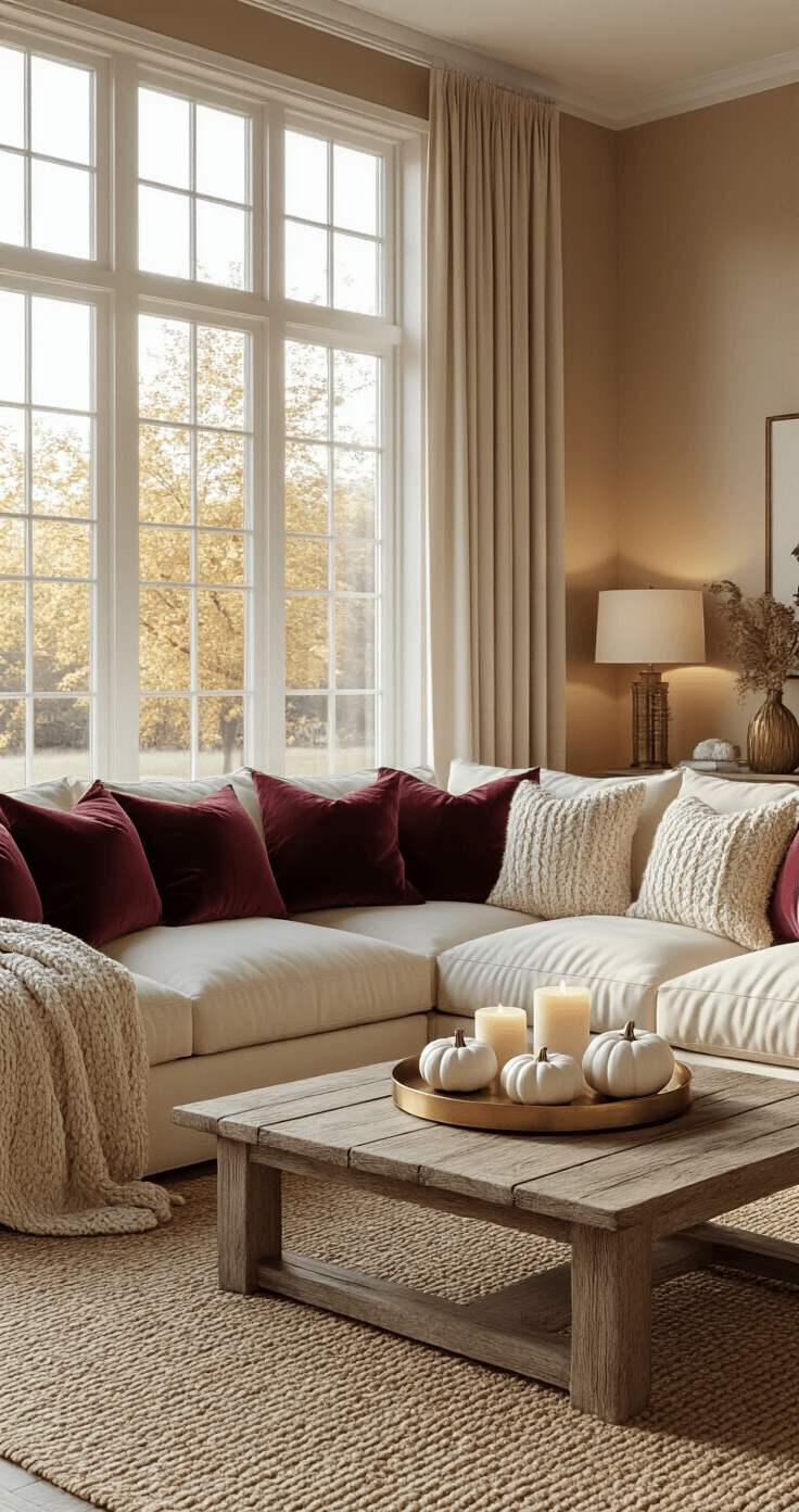 Photorealistic living room featuring golden hour lighting, a cream sectional with burgundy velvet pillows, a reclaimed wood coffee table with mini pumpkins and candles, warm taupe walls, and a jute area rug, all captured from a cozy corner angle.