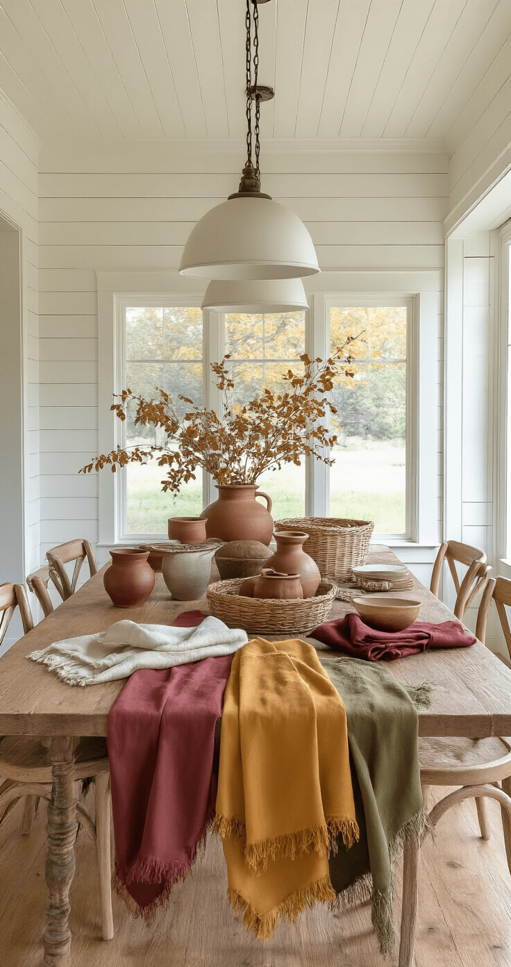 A beautifully styled dining room featuring a large farmhouse table adorned with layered textiles in warm autumn colors like cream, rust terracotta, olive sage, mustard yellow, and deep burgundy. The space is illuminated by soft morning light, showcasing shiplap walls painted warm white, hardwood floors, woven baskets, and ceramic vessels, all artfully arranged with fabric swatches.