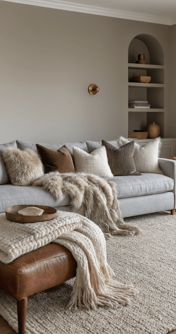 A cozy living room featuring a grey linen sofa adorned with various throw pillows including faux fur and velvet. Cashmere blankets are neatly folded on a nearby ottoman. A thick wool area rug covers the floor, complemented by a leather accent chair and wooden side tables. Brass decor accents the space, which is bathed in soft evening light against warm mushroom grey walls with built-in shelving. The image is captured from a seated perspective, creating an intimate and tactile luxury atmosphere.