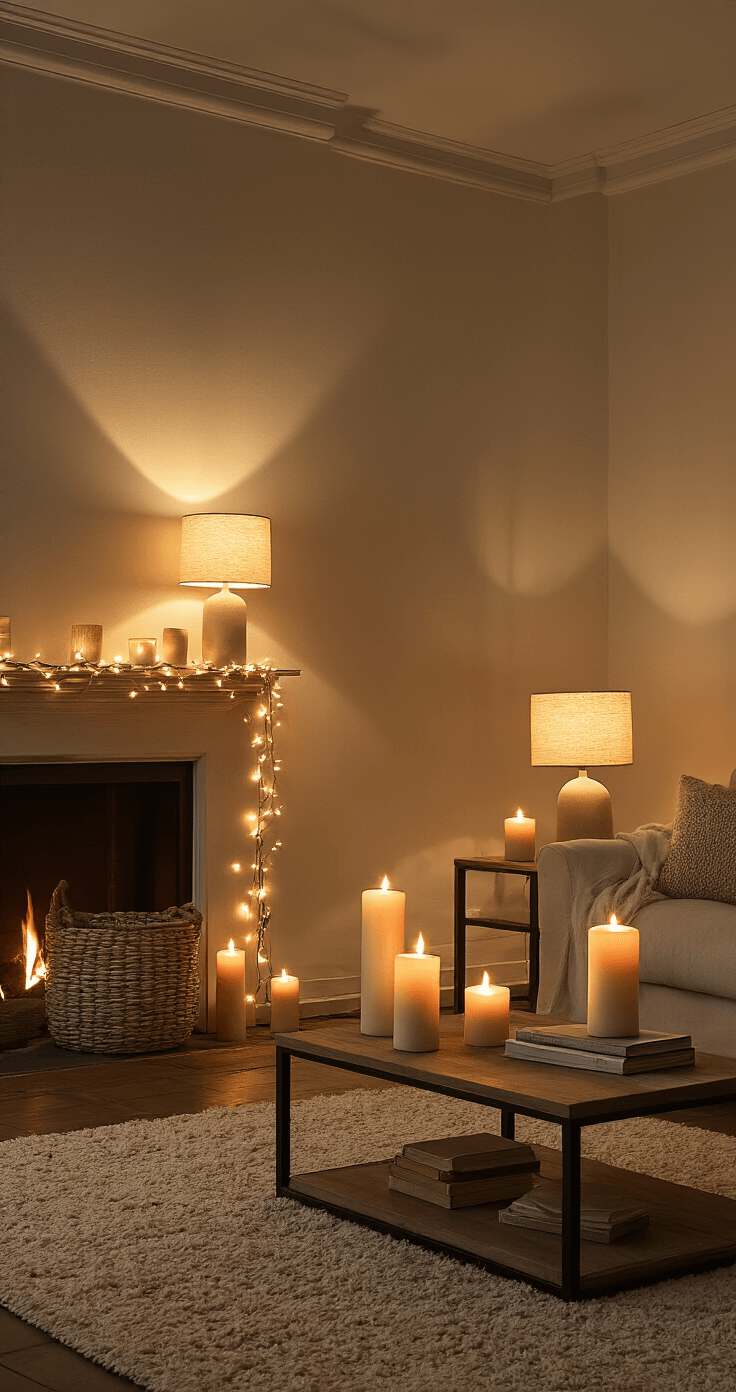 A cozy living space at dusk, featuring strategic warm lighting from various table lamps, string lights along the mantel, and pillar candles on the coffee table, all set against a cream and rust color scheme with soft textiles, creating a romantic ambiance and dramatic shadows.