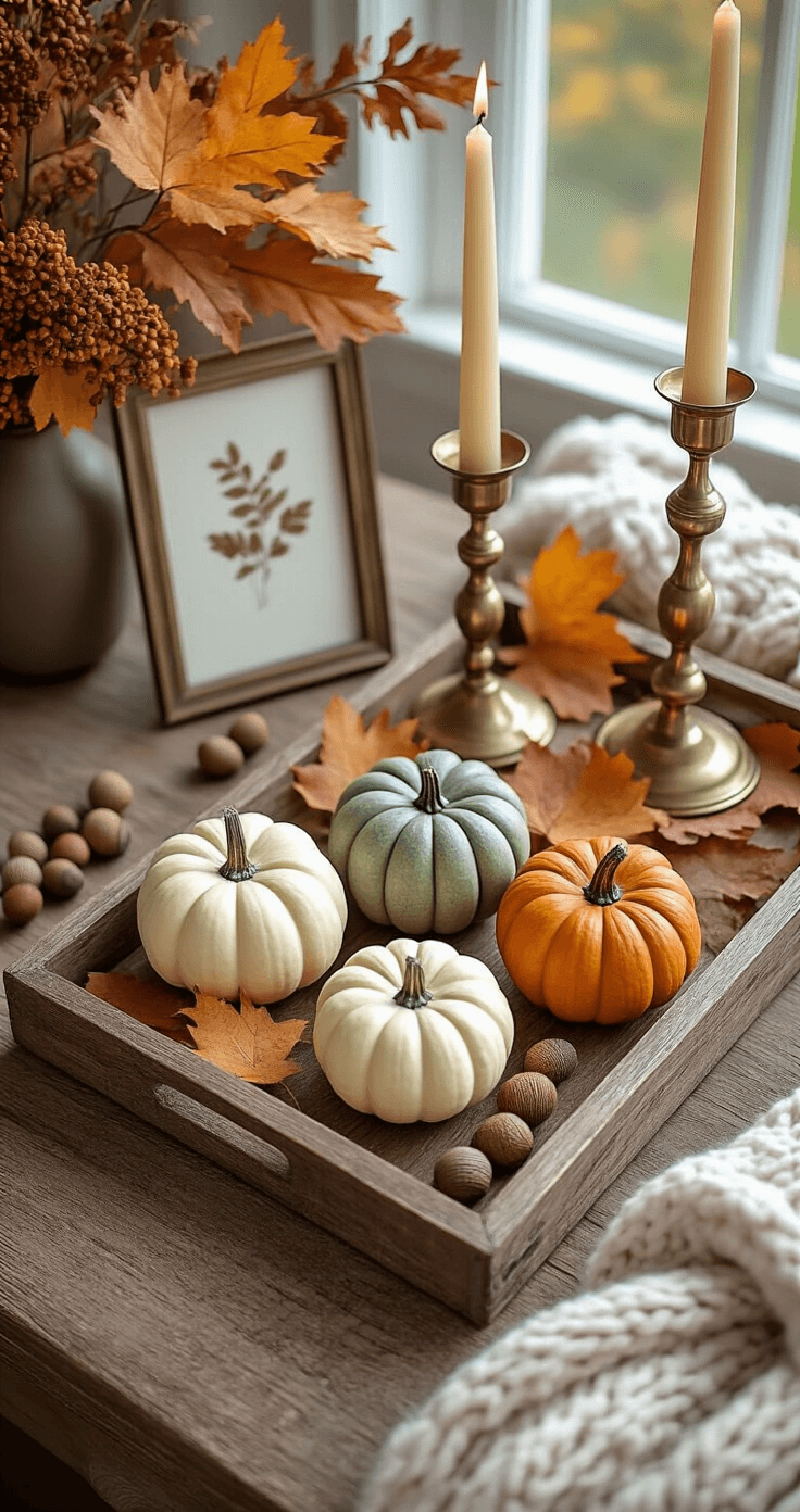 A styled coffee table vignette featuring a rustic wooden tray with cream and sage green mini pumpkins, small brass candlesticks with taper candles, pressed autumn leaves in a glass frame, and scattered acorns, all accented by a chunky knit throw and warm neutral tones, captured in bright morning light from an overhead perspective.