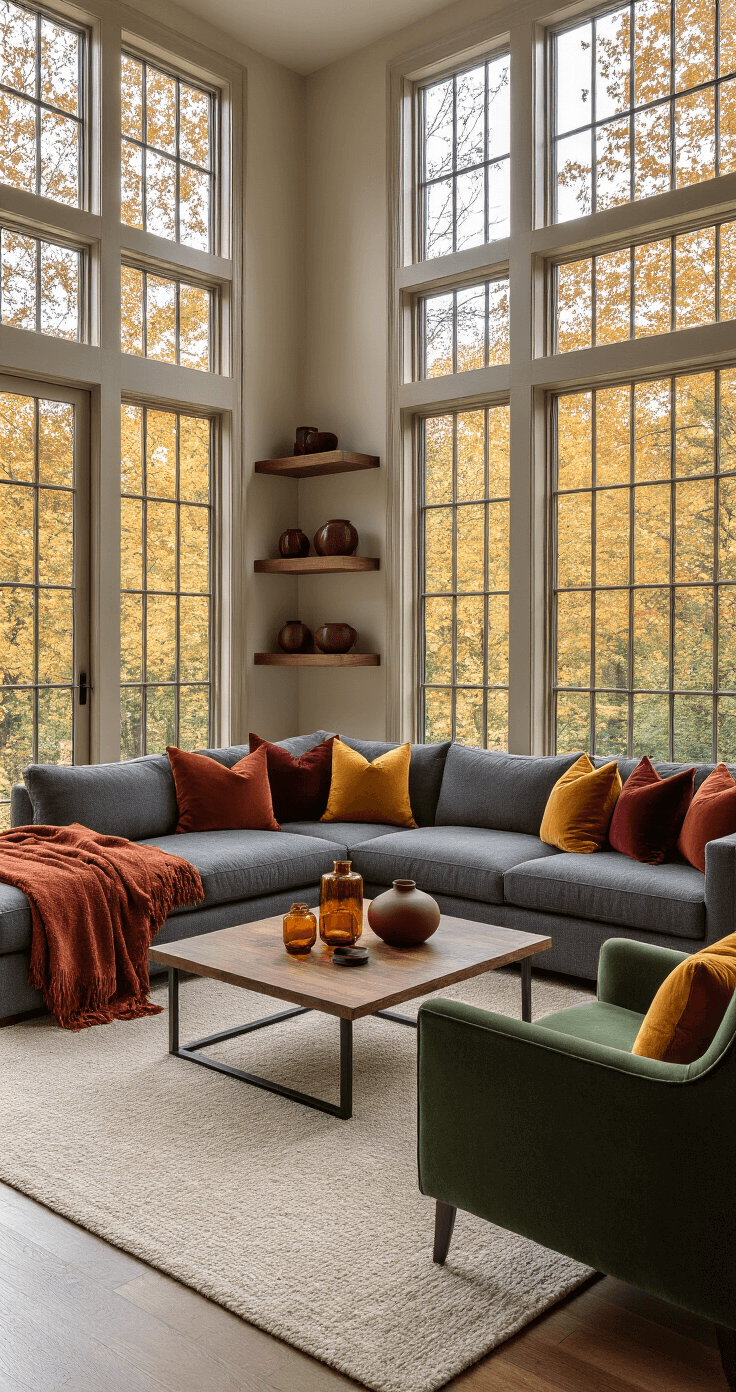 Transform Your Home Into an Autumn Aesthetic Cozy Paradise This Fall Sophisticated living room featuring autumn colors, spacious layout with floor-to-ceiling windows, charcoal gray sectional sofa adorned with rust throws and burgundy pillows, forest green armchair, cream area rug, walnut coffee table with amber glass accessories, and plum ceramics on floating shelves, captured at golden hour with warm lighting.