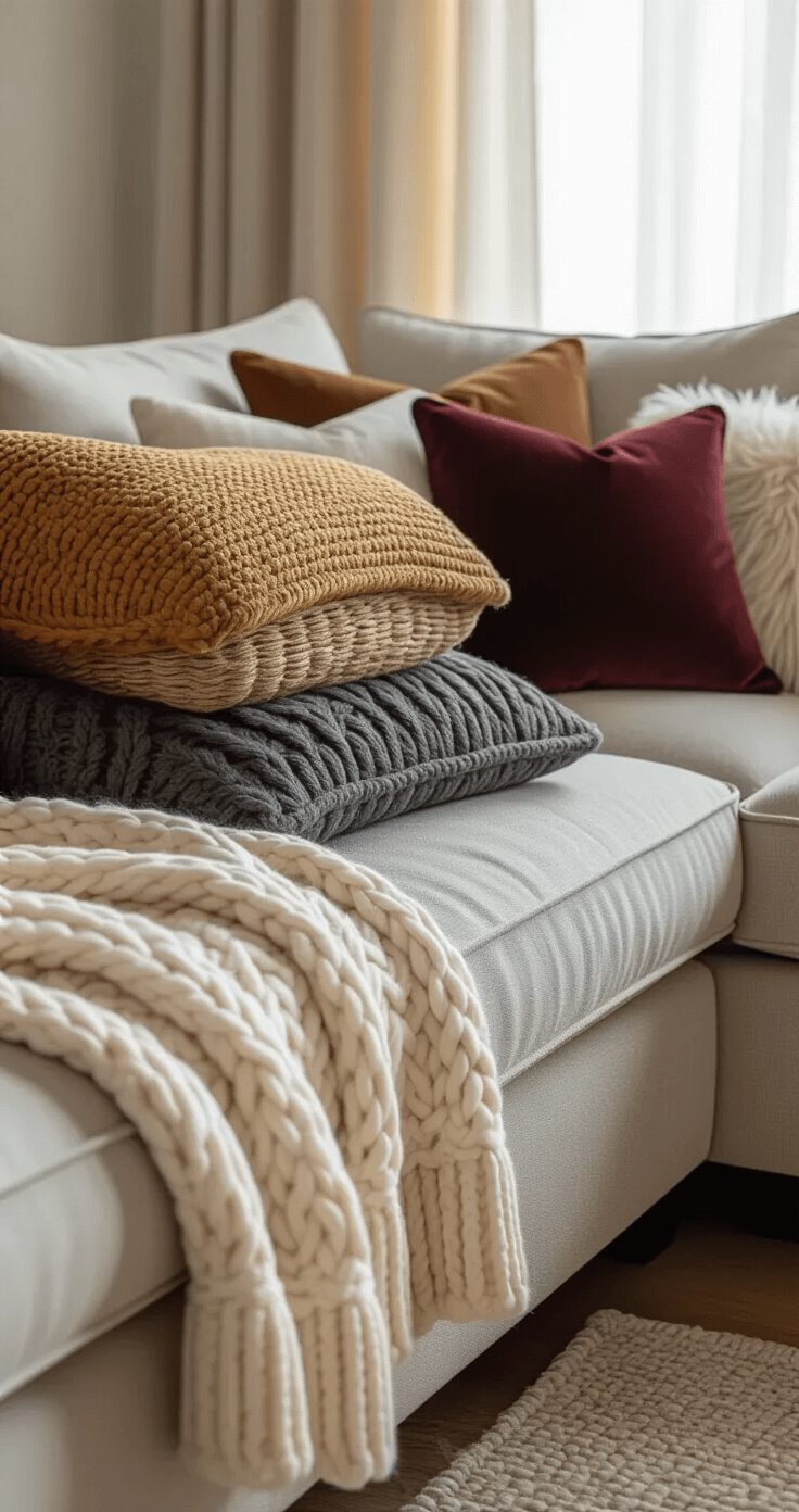Transform Your Home Into an Autumn Aesthetic Cozy Paradise This Fall Intimate interior shot of a cozy sectional sofa adorned with layered textiles, featuring chunky cream and rust throws, a stack of textured pillows in charcoal faux fur, mustard basket-weave, and deep burgundy velvet, with a fleece throw casually folded over the arm, illuminated by soft afternoon light through sheer curtains.