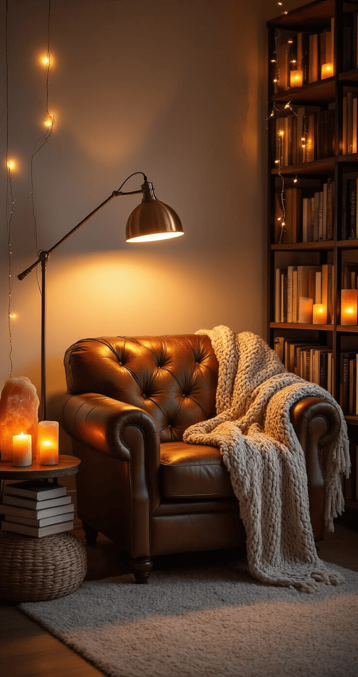 Transform Your Home Into an Autumn Aesthetic Cozy Paradise This Fall Cozy reading nook with oversized cognac leather armchair, chunky knit throw, and warm ambient lighting from a brass task floor lamp, string lights on a bookshelf, and flickering candles, creating an intimate twilight atmosphere.