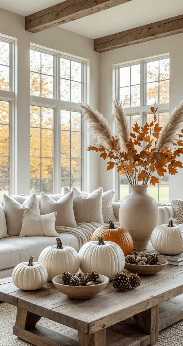 Transform Your Home Into an Autumn Aesthetic Cozy Paradise This Fall Elegant living space adorned with natural autumn elements, featuring white pumpkins, varied gourds, and preserved leaves, illuminated by soft morning light through large windows.