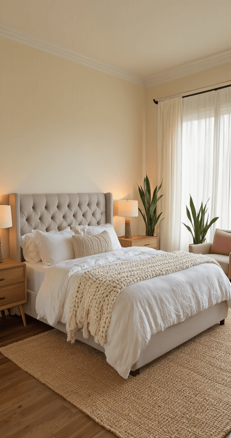 Wide-angle view of a spacious master bedroom at golden hour, featuring warm cream walls, a California king bed with a tufted mushroom gray headboard, layered white cotton sheets, blackout linen curtains, hardwood floors with a jute rug, and a cozy reading nook with a blush velvet armchair, creating an inviting sanctuary atmosphere.