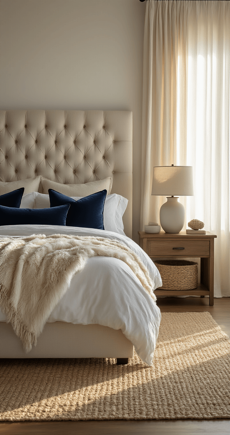 A low-angle view of a bedroom featuring a tufted headboard, golden afternoon light streaming through sheer curtains, a faux fur throw on a smooth cotton duvet, deep navy velvet accent pillows on linen cases, a rough jute rug on polished hardwood, a raw wood nightstand with a matte ceramic lamp, and a chunky knit blanket basket, creating a tactile luxury atmosphere.