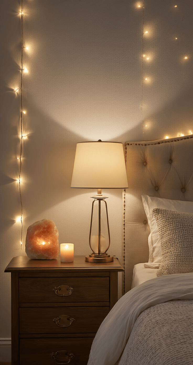 A cozy bedroom corner at dusk, featuring soft ambient lighting from string lights and lamps, with a warm color palette of cream and taupe, walnut furniture, and decorative elements like a Himalayan salt lamp and battery candles, all evoking a romantic sanctuary atmosphere.