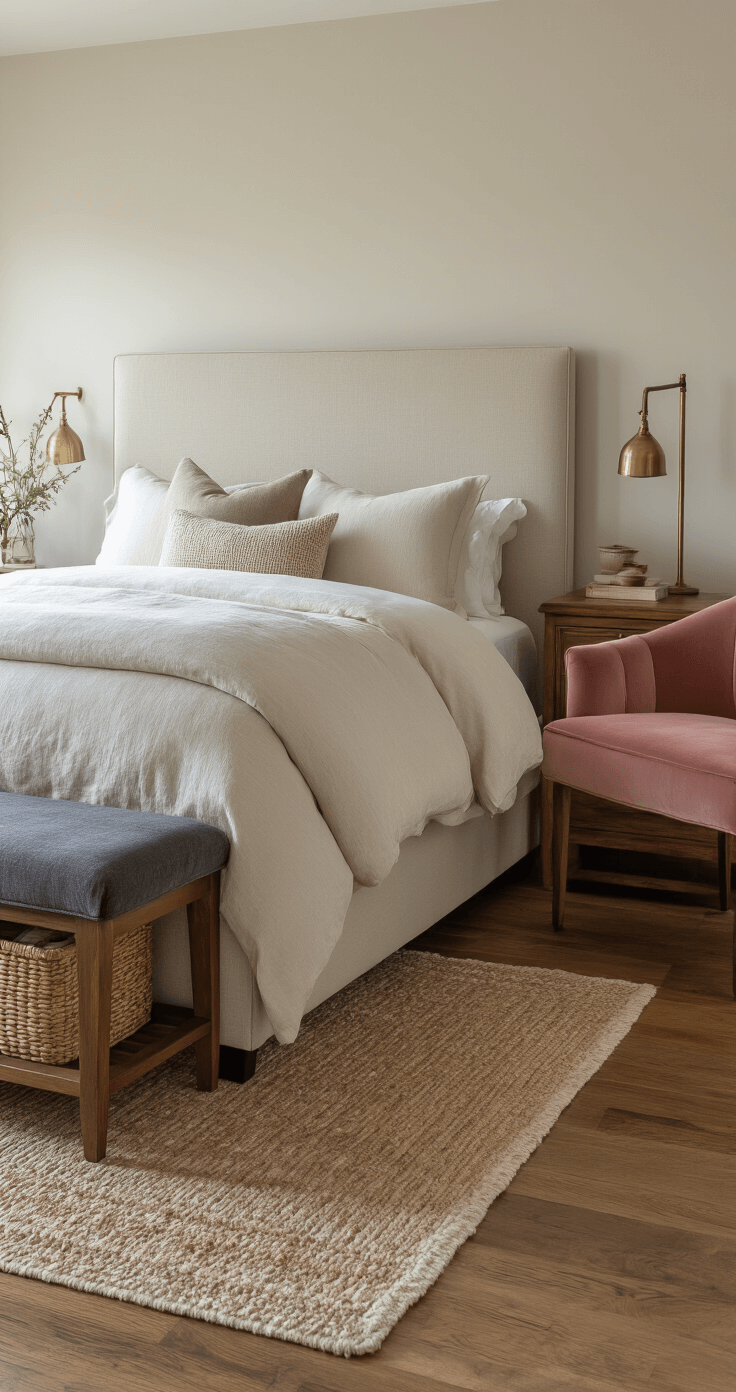 Medium shot of a cozy bedroom featuring an oatmeal linen upholstered headboard, solid walnut nightstands with live edge detail and vintage brass hardware, a dusty rose velvet reading chair by the window, a charcoal upholstered bench at the foot of the bed, woven storage baskets, and wide-plank hardwood floors, all bathed in warm evening light.