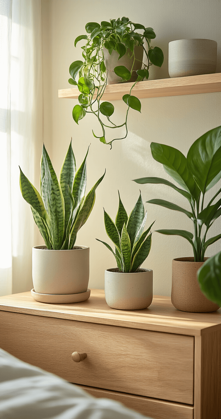 Close-up of a bedside scene featuring a snake plant in a ceramic planter on a nightstand, trailing pothos on a floating shelf, and a peace lily with broad leaves on a dresser; a rubber tree in the corner creates a natural backdrop. The setup is illuminated by soft morning light, showcasing warm wood grains and earth-tone planters, evoking a biophilic design aesthetic in a botanical sanctuary mood.