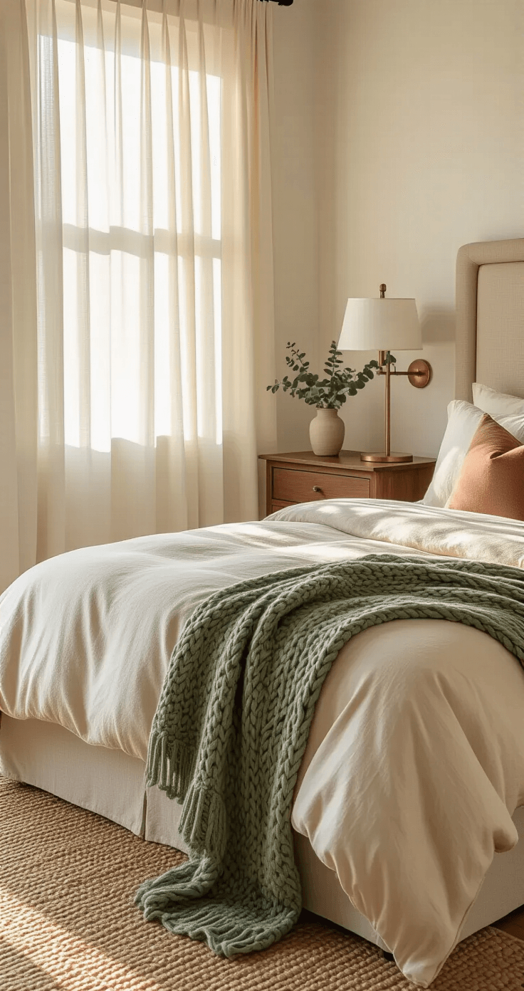 Spacious master bedroom at golden hour with warm sunlight, featuring a king bed with cream duvet and sage green throw, walnut nightstands with brass lamps, beige headboard, jute rug, and fresh eucalyptus, all creating a cozy sanctuary atmosphere.