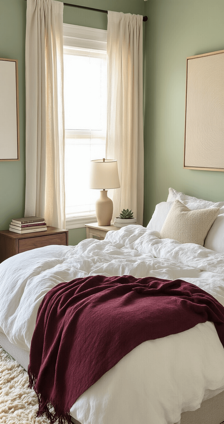 An intimate bedroom nook bathed in soft morning light, featuring an unmade bed with rumpled white cotton sheets and a burgundy wool throw, mismatched vintage nightstands, a ceramic lamp, a stack of well-worn books, a small succulent, and sage green walls adorned with oversized abstract art, complemented by a sheepskin accent rug, capturing a serene and lived-in atmosphere.