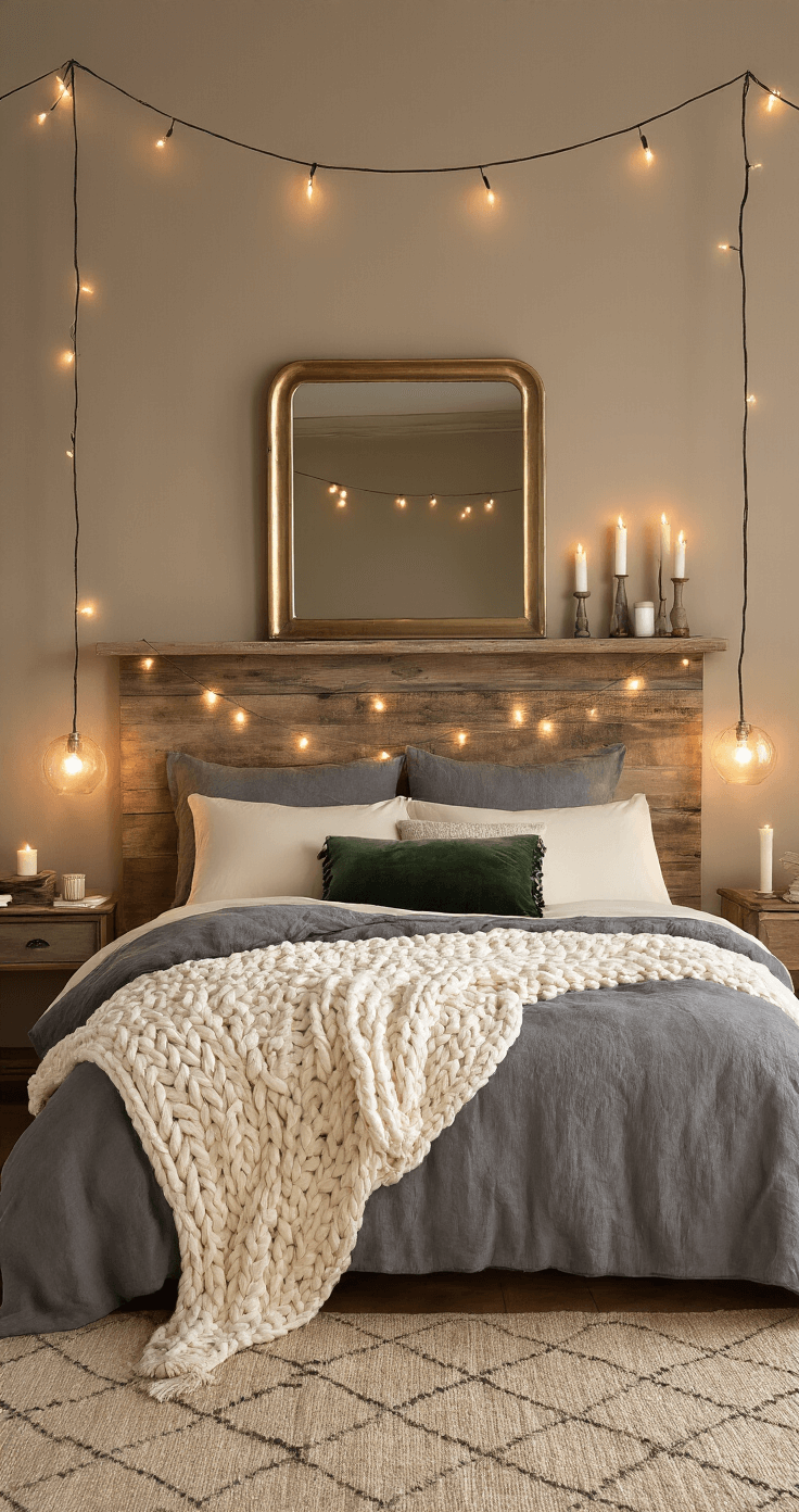 Cozy winter bedroom with a queen bed layered in cream and charcoal, featuring a chunky cream throw and various textured pillows. Ambient lighting from string lights, bedside lamps, and flickering candles enhances the warm, inviting atmosphere. The mushroom-colored walls and large brass mirror add elegance, while a jute rug with a geometric pattern completes the scene.