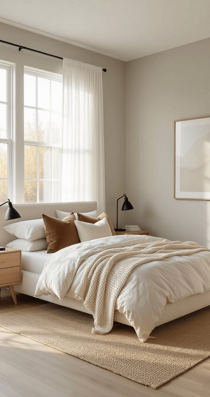 Photorealistic modern neutral bedroom featuring a spacious layout with large windows, warm morning light illuminating a low-profile cream platform bed against a dove grey accent wall, complemented by layered bedding and soft textures, warm oak nightstands, and a jute area rug, all creating a serene spa-like atmosphere.
