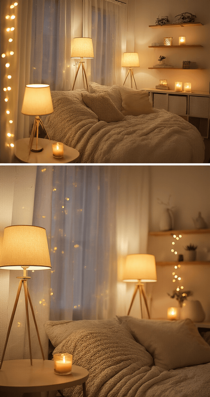 A cozy 300 sq ft studio apartment bathed in warm, layered lighting from table lamps, string lights, and candles, showcasing a golden hour glow through sheer curtains, with a wide-angle view from the corner capturing soft shadows and an intimate ambiance.