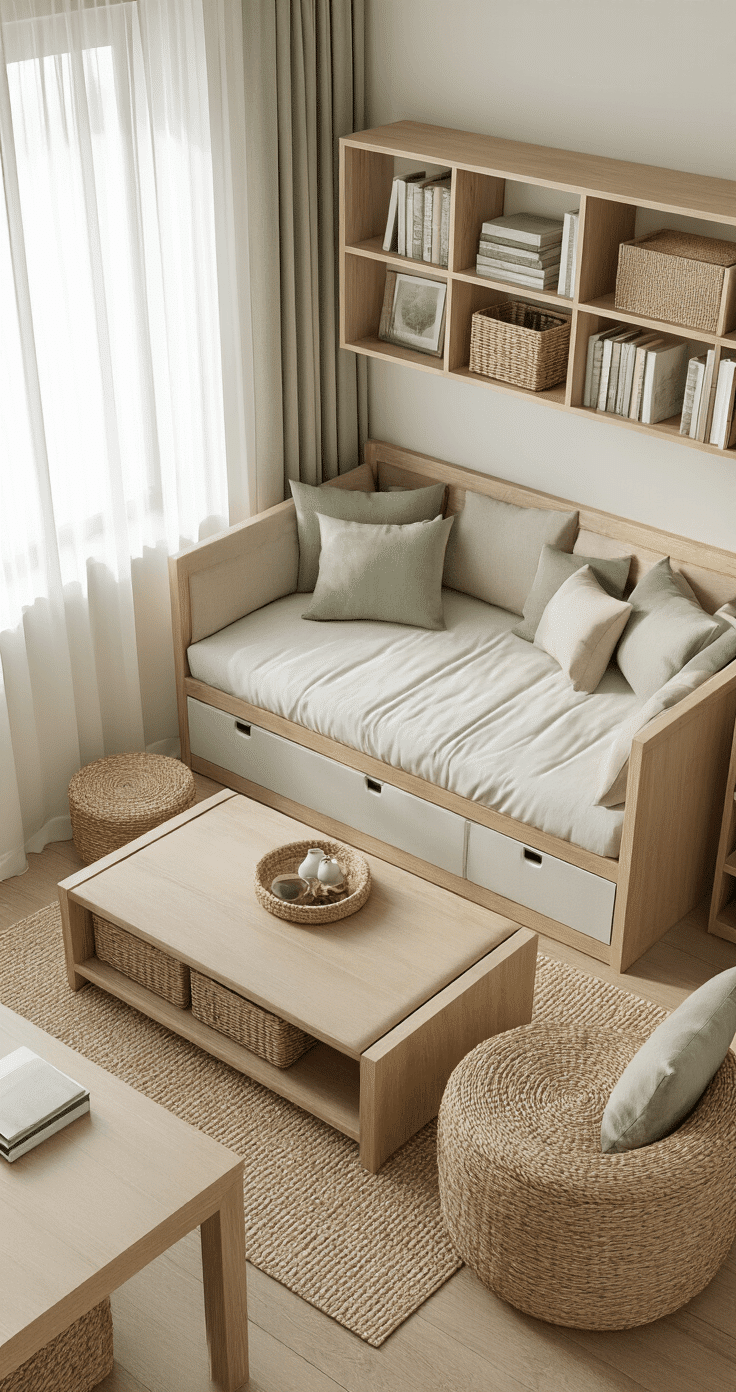 Photorealistic studio apartment with multi-functional furniture, featuring a daybed with built-in drawers, a storage ottoman as a coffee table, and nesting tables beside a bookshelf room divider, captured from a bird's eye view in warm whites and sage green accents with afternoon natural light.
