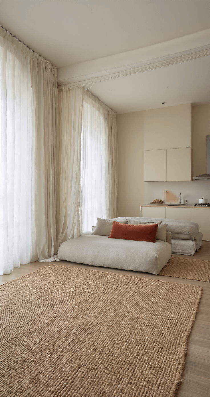 A studio apartment interior featuring distinct zones defined by area rugs, including a sleeping area separated by a floating sofa and a living space with velvet cushions. Sheer curtains create privacy while allowing light to flow in from large windows, showcasing mid-morning lighting. The color palette includes a cream base with terracotta and dusty blue accents, complemented by textures such as jute rugs and linen curtains. The perspective is straight-on from the entrance, highlighting the flow between the zones.