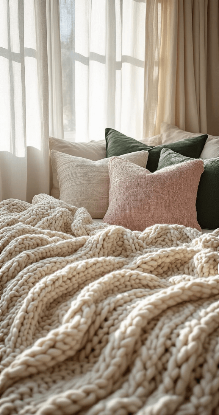 Close-up of a cozy studio bedroom featuring a daybed adorned with chunky knit throw blankets and an array of patterned and solid pillows. Soft morning light filters through lightweight curtains, highlighting the textures of cable knit wool, linen, cotton, and velvet in oatmeal, blush pink, and forest green.