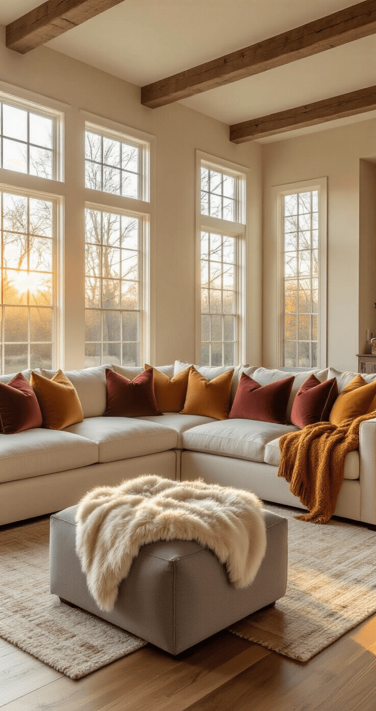 Cinematic wide-angle shot of a spacious living room bathed in golden hour light, featuring a cream linen sectional sofa with rust orange and deep burgundy throw pillows, chunky knit throws in oatmeal and mustard yellow, and a mushroom gray ottoman with a faux fur blanket, all accentuated by warm honey-toned hardwood floors and soft taupe ceiling beams.