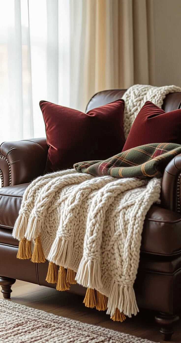 Close-up of a cozy reading nook featuring a chocolate brown leather armchair adorned with a chunky cream cable-knit throw, burgundy velvet cushions with golden tassels, and a folded olive green and rust plaid wool blanket, all bathed in soft afternoon light filtering through sheer curtains, showcasing rich textures and warm material contrasts.