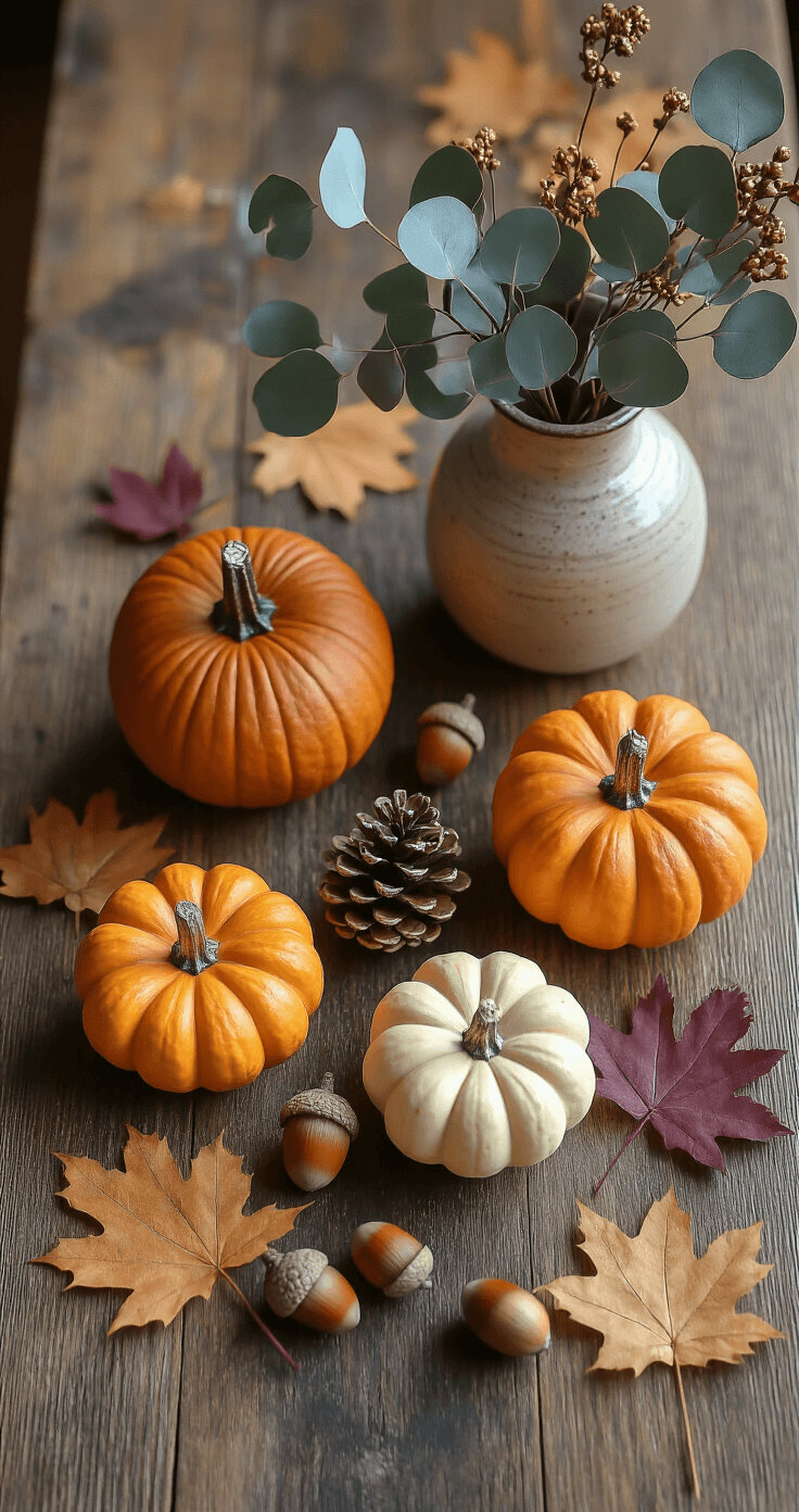A flat-lay arrangement on a reclaimed wood coffee table featuring spray-painted matte gold acorns and pinecones, three small pumpkins in orange and cream, dried eucalyptus in an oatmeal-glazed ceramic vase, and asymmetrically arranged pressed burgundy and rust maple leaves, all illuminated by soft morning light.